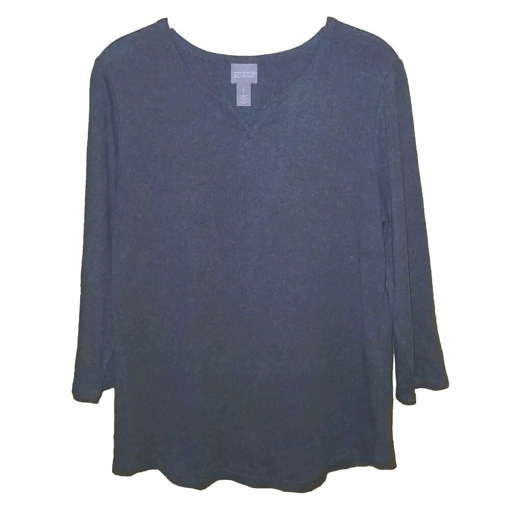 CHICOS Womens 1/M V-Neck 3/4 Sleeve Lightweight 100% Cotton Solid Grey Sweater